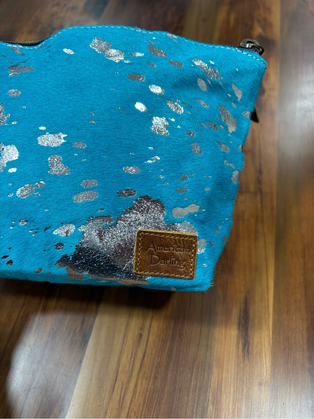 American Darling Turquoise Cowhide Leather Zipper Clutch w brown trim and strap - Picture 5 of 9